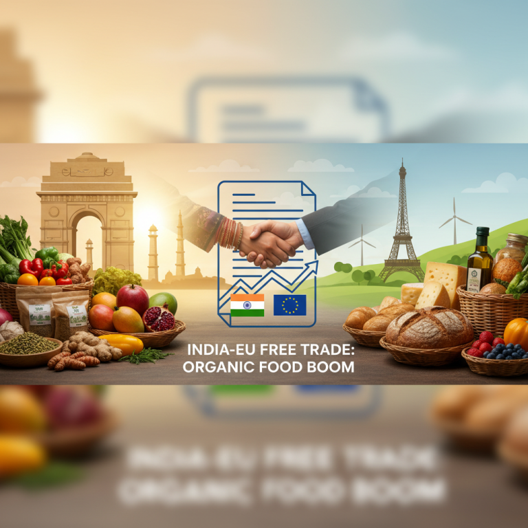 A handshake over a trade agreement document, with Indian landmarks and organic produce on one side, and European landmarks with organic food on the other.