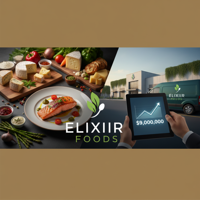 A professional image showing gourmet food, a delivery van, and a tablet displaying a $9,000,000 growth chart.