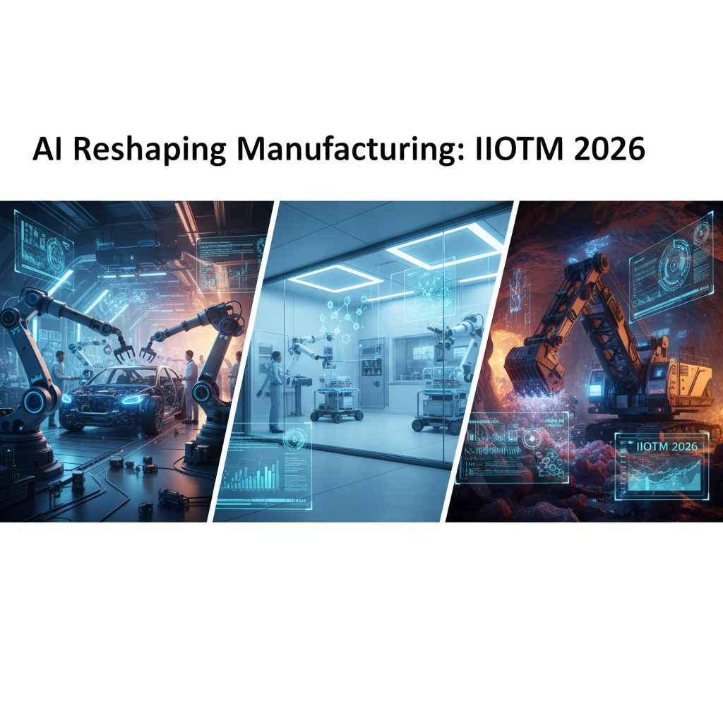 Robotic arms, pharma lab, and mining excavator with AI interfaces, representing manufacturing advancements.