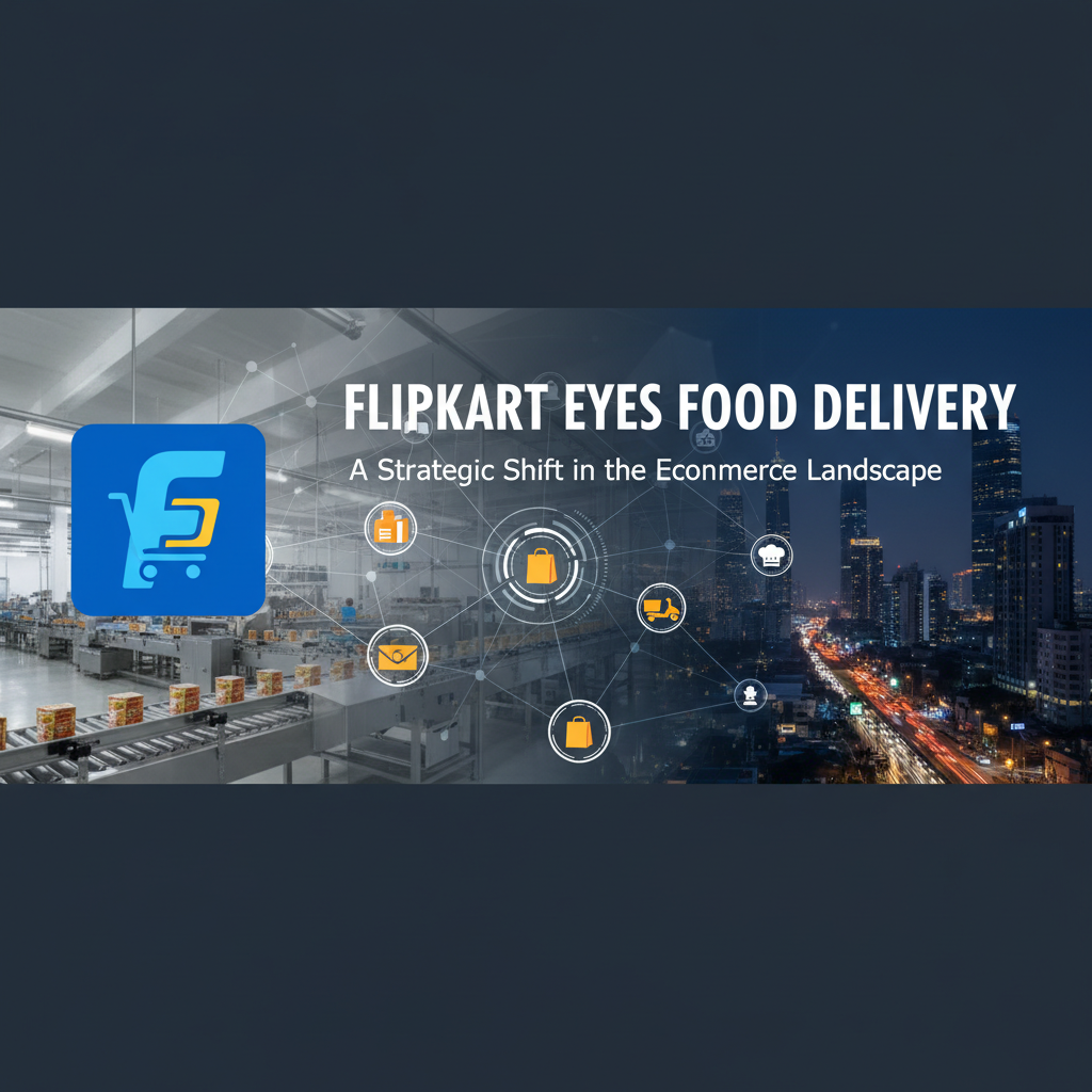A professional banner image showing Flipkart's logo, a food processing plant, delivery icons, and a cityscape.