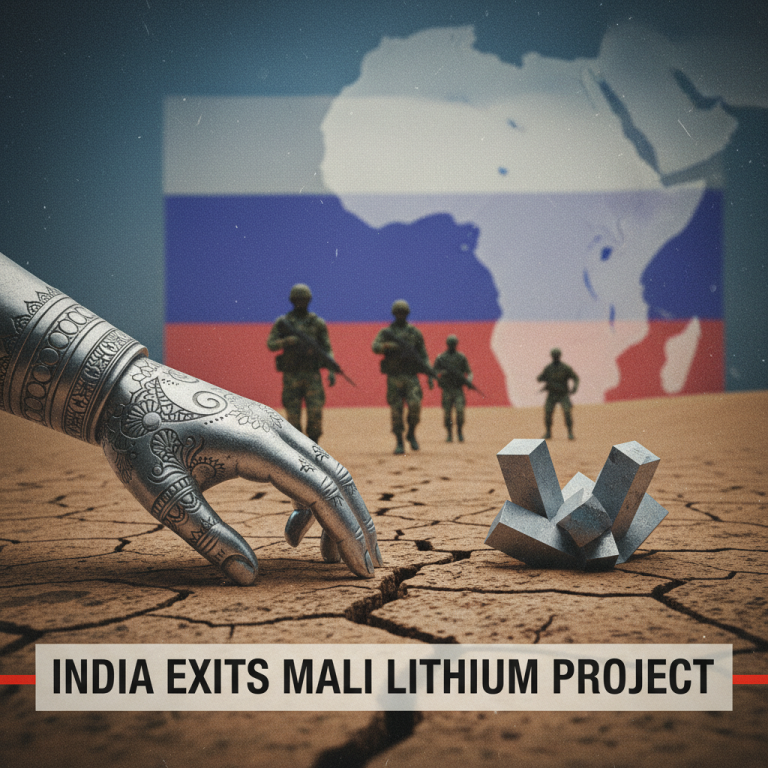 A hand representing India withdraws from a cracked desert ground with lithium symbols, while Russian soldiers stand before an African map.