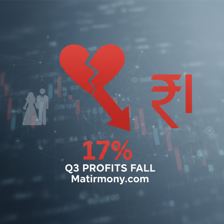 A broken heart icon, a downward arrow, the Indian Rupee symbol, and a silhouette of a couple, all overlaid on a financial graph.