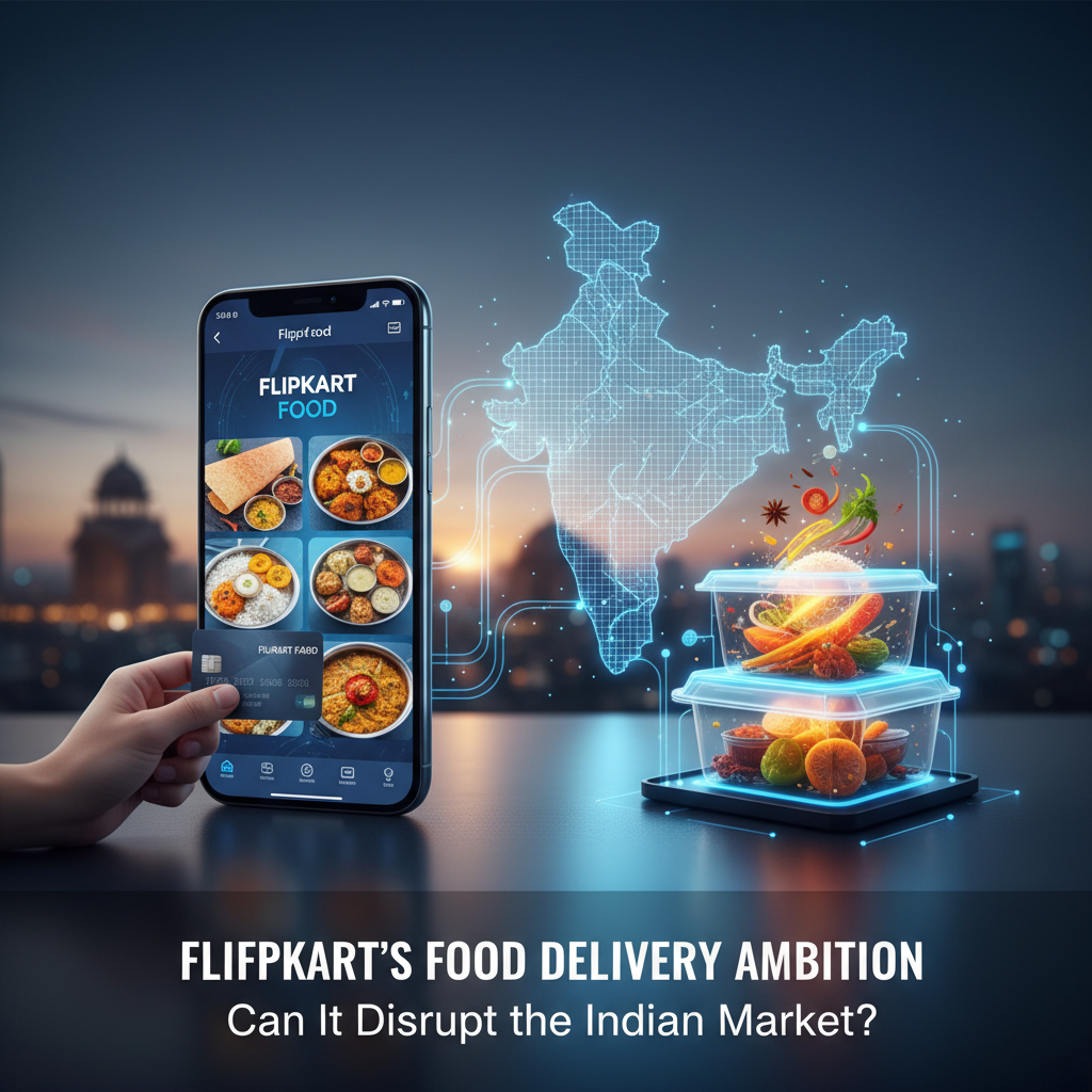 A professional image illustrating Flipkart's food delivery ambition in India.