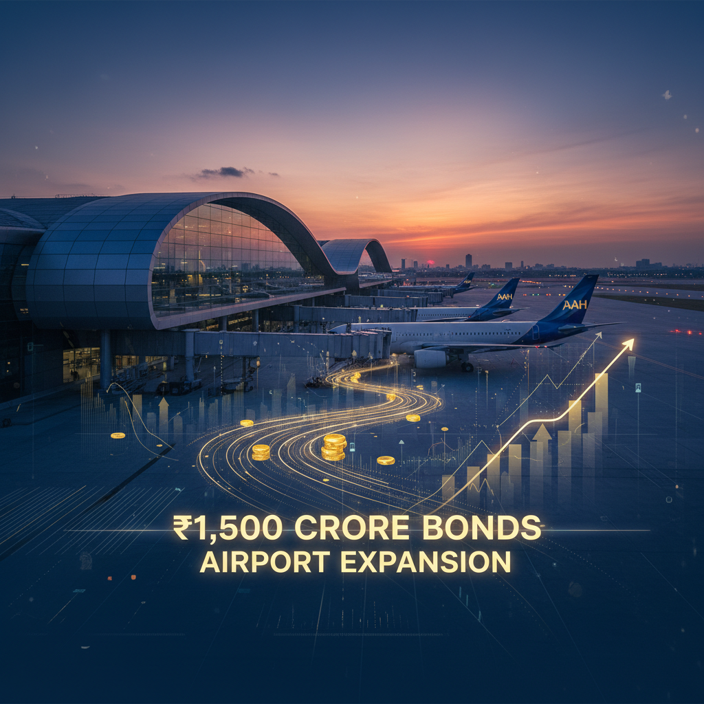 A modern airport terminal at sunset with planes, overlaid with financial graphics showing growth and coins.