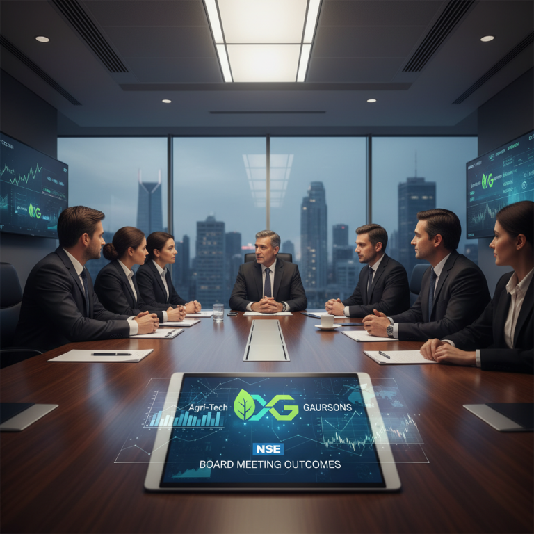 A group of business professionals in a modern boardroom, with a tablet displaying "Agri-Tech & Gaursons Board Meeting Outcomes" on the table.