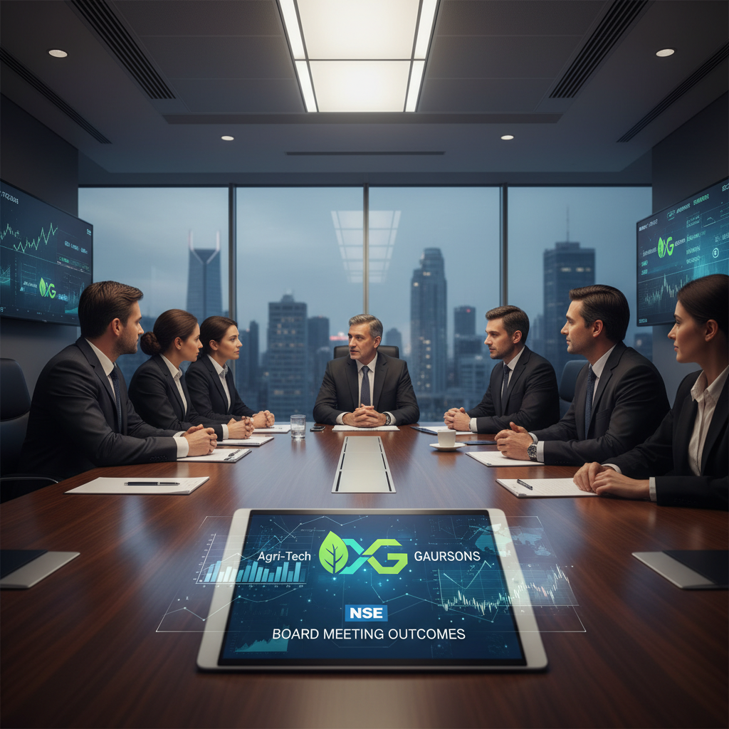 A group of business professionals in a modern boardroom, with a tablet displaying "Agri-Tech & Gaursons Board Meeting Outcomes" on the table.