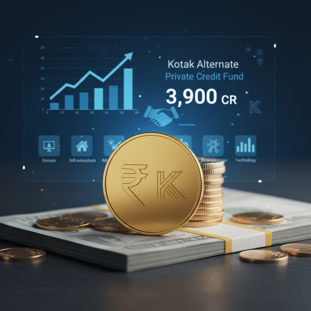 An image showing a large coin with the Indian Rupee symbol, stacks of cash, and a digital display with a financial graph.