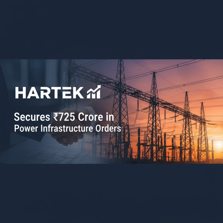 Hartek logo, handshake, and power lines at sunset, symbolizing a major deal in the power sector.