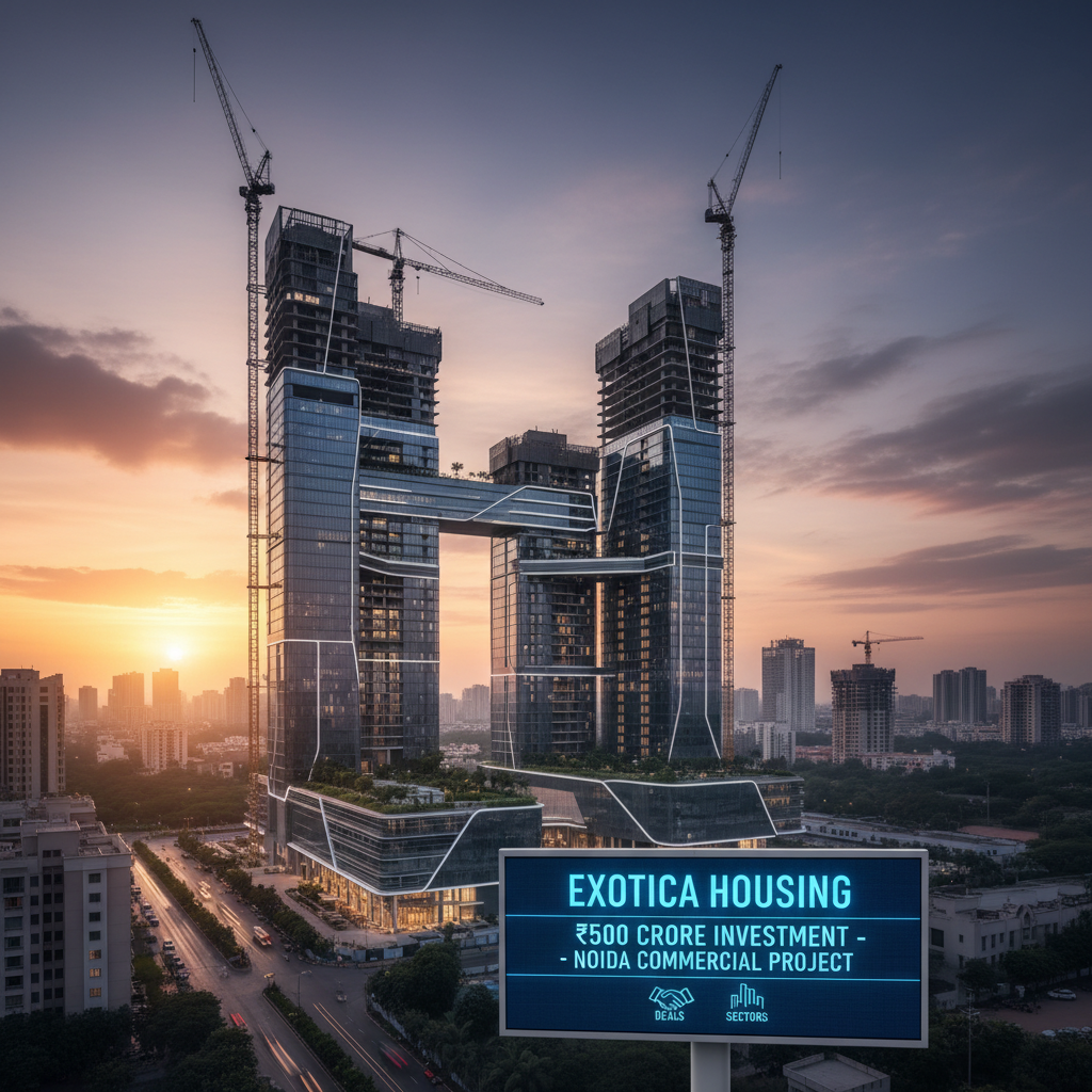 A professional image showing a modern commercial building under construction with cranes, at sunset, representing a significant investment.