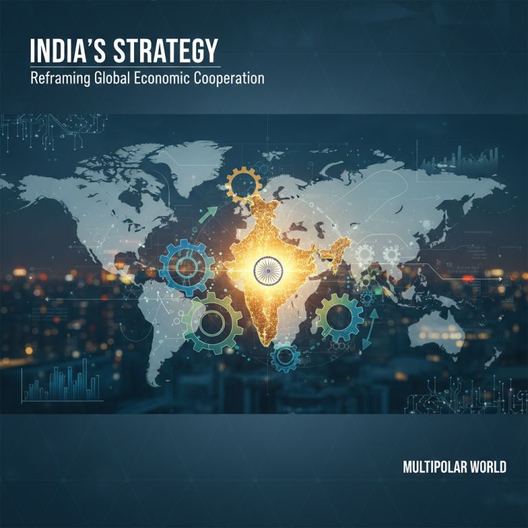 Stylized map of India glowing on a world map with gears and data overlays, symbolizing global economic strategy.