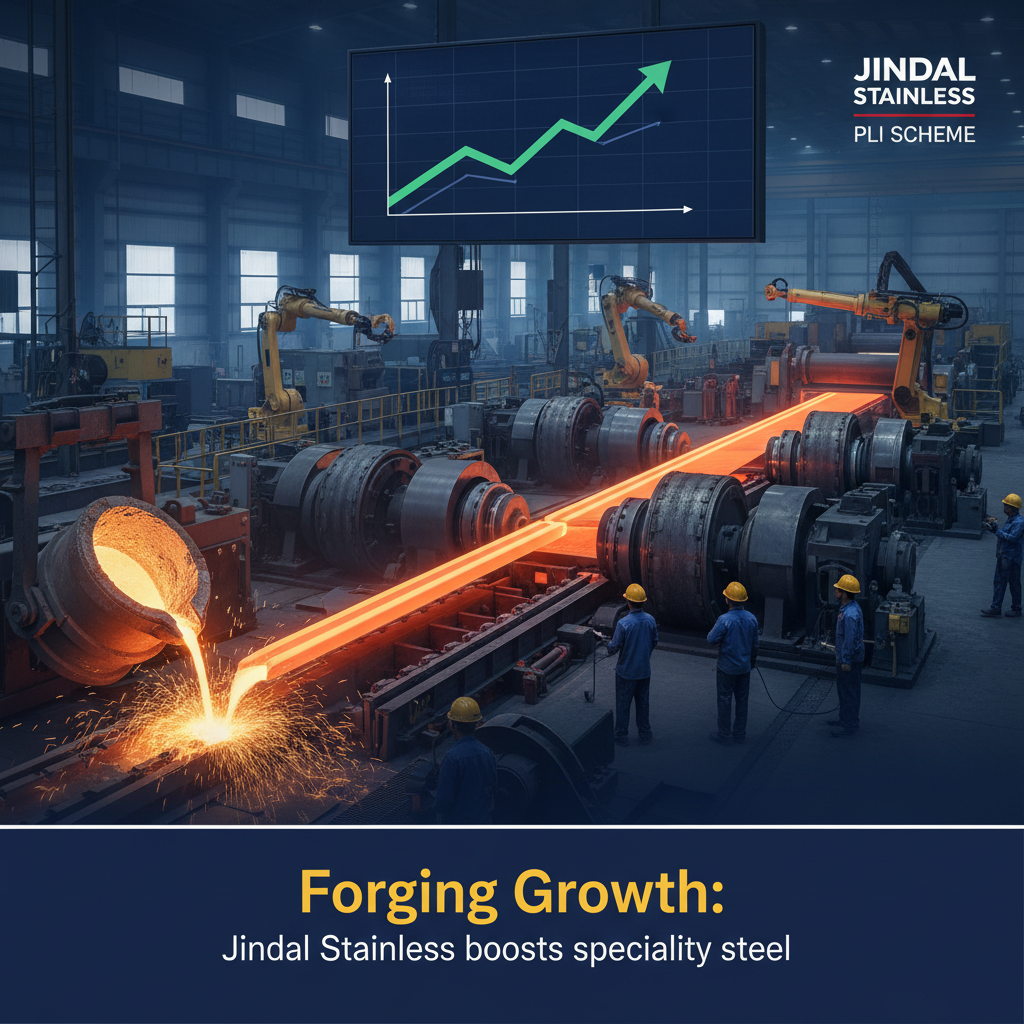 A modern steel manufacturing plant with molten metal pouring, robotic arms, and a rising growth chart indicating expansion.