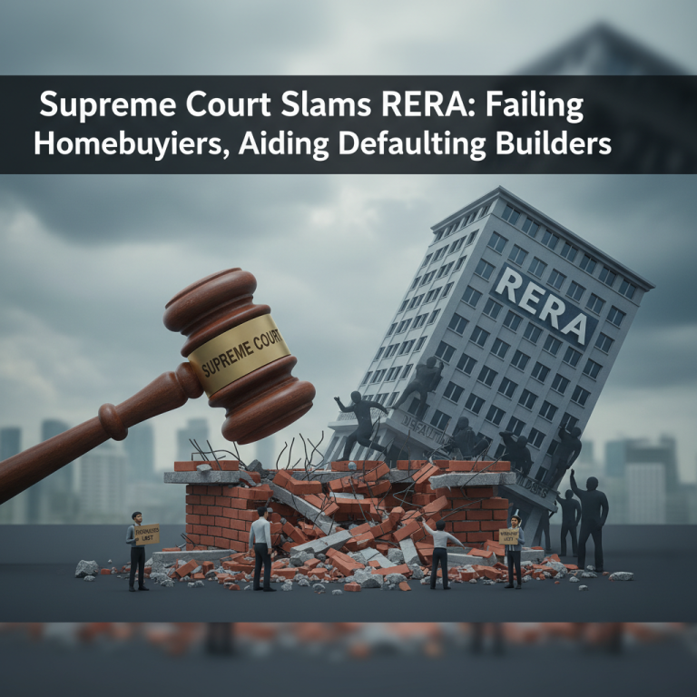 A gavel labeled "Supreme Court" is striking a building labeled "RERA," which is collapsing, with small figures representing homebuyers.
