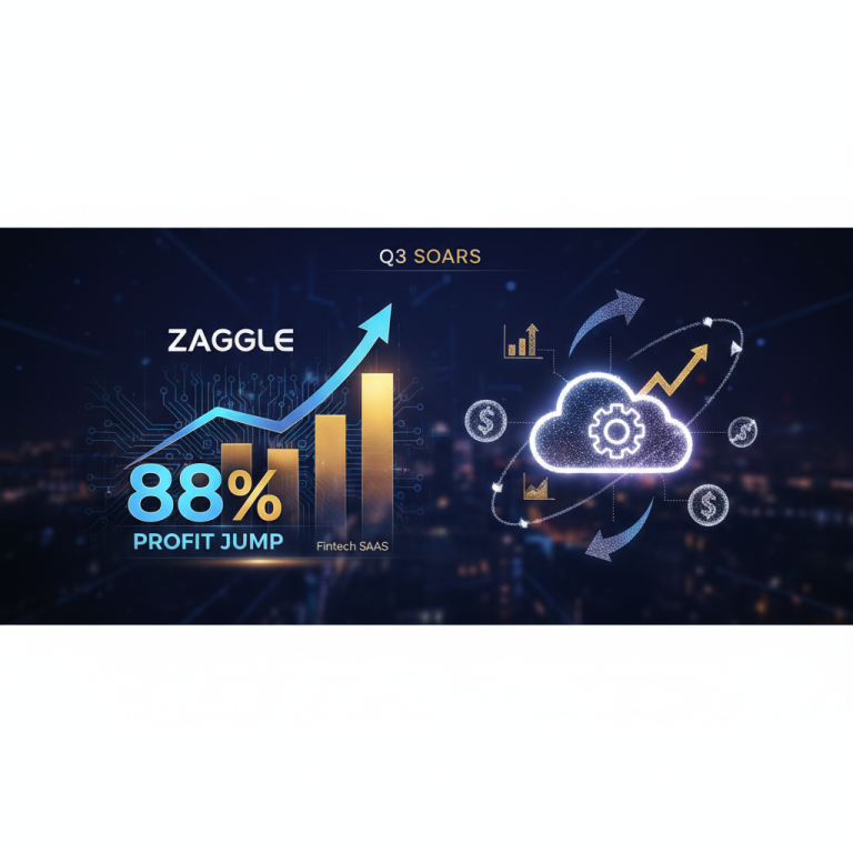 A dynamic image showing "Zaggle 88% Profit Jump Fintech SaaS" with an upward trending bar graph and a glowing cloud icon representing SaaS.