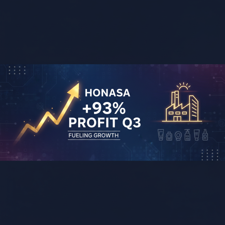 A professional graphic with an upward arrow and text "Honasa +93% Profit Q3 Fueling Growth", representing financial growth.