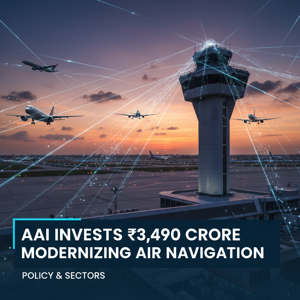 An airport control tower at sunset with multiple airplanes in the sky and on runways, overlaid with a digital navigation network.