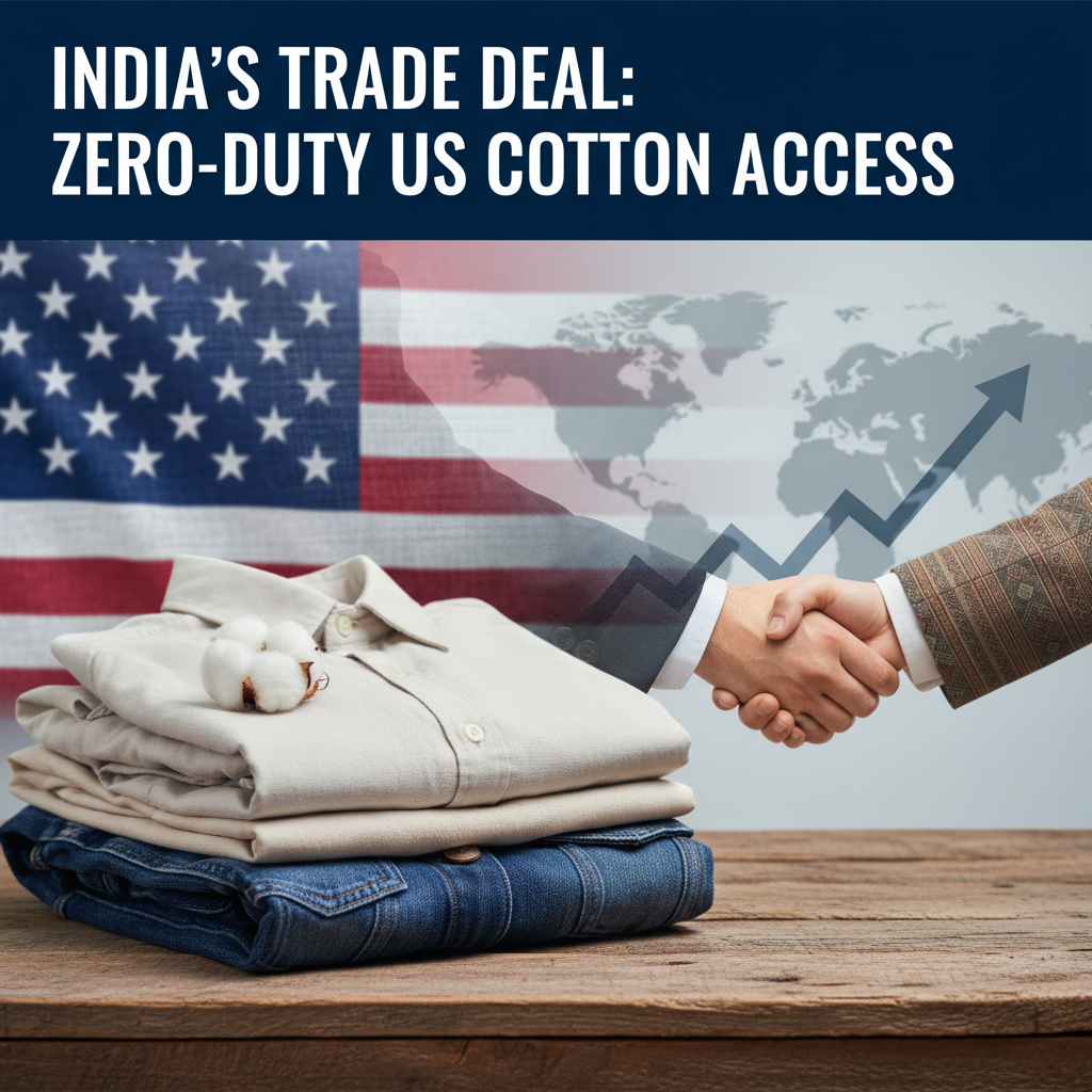 Professional image depicting a handshake over a US flag backdrop, with folded cotton garments and an upward trend arrow.