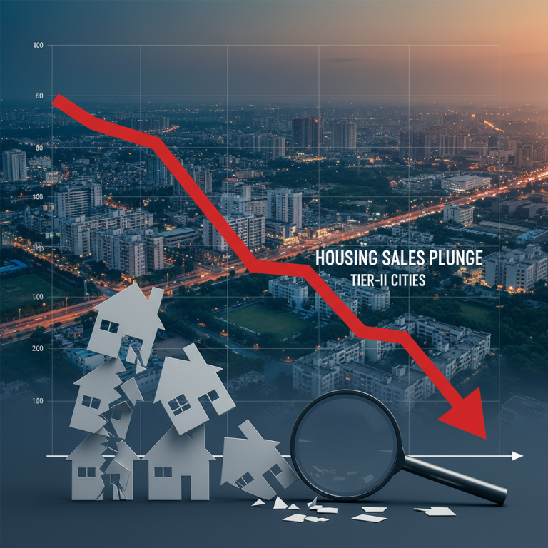 A professional image showing a plummeting red arrow on a graph over a city skyline, with house icons and a magnifying glass.