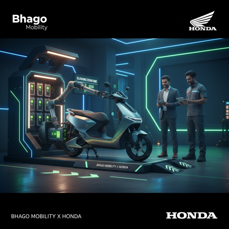 Two men, one in a suit and one in a mechanic's uniform, stand beside a modern e-scooter at a battery-swapping station.