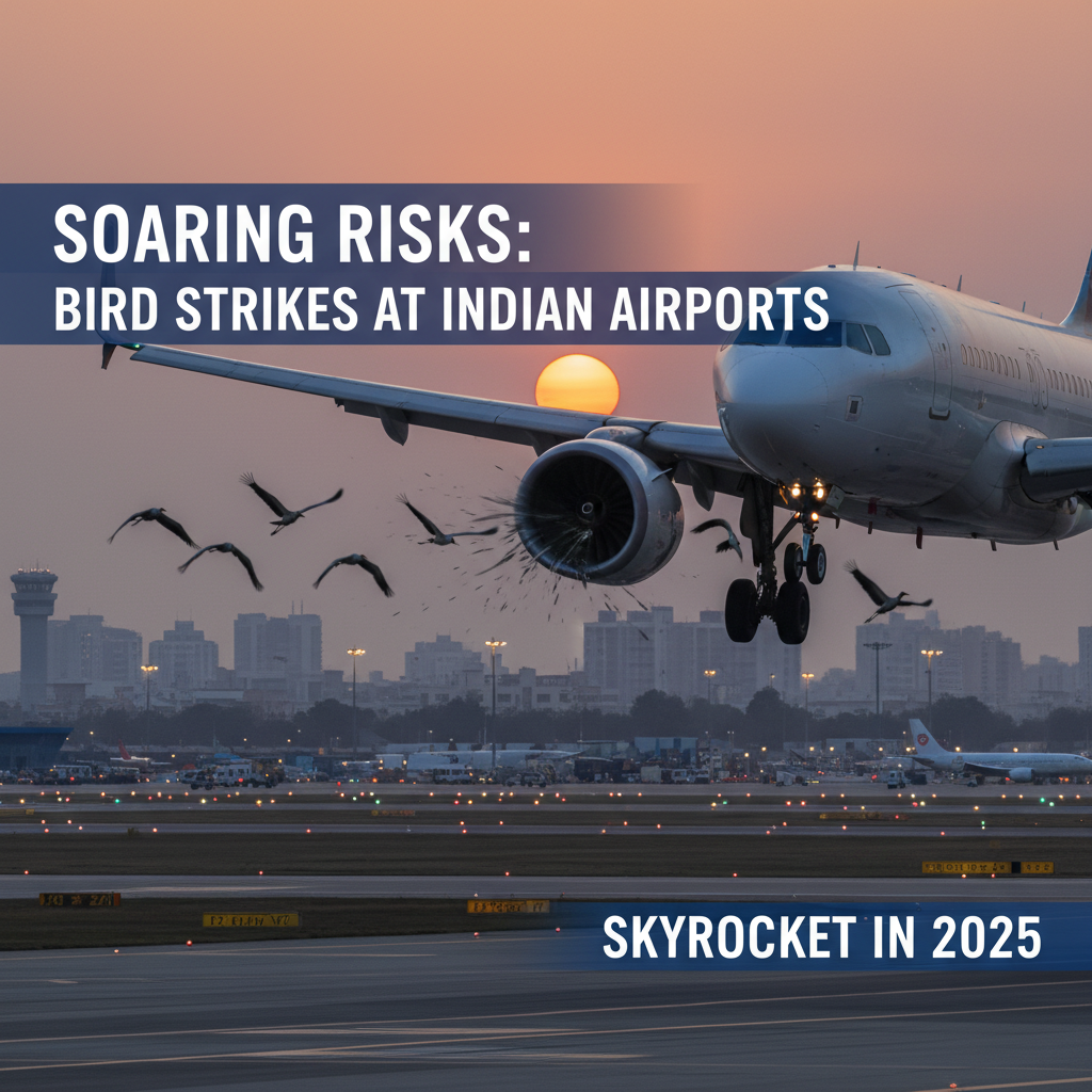 A passenger airplane at sunset on an Indian airport runway, with birds flying near its engine and a city skyline.