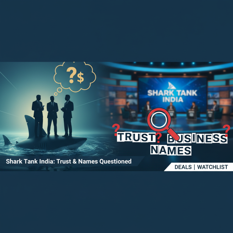 A professional image blending elements of Shark Tank India, questioning trust and business names.