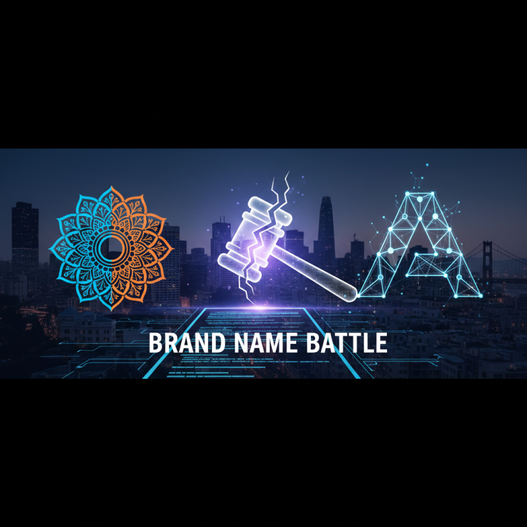 A gavel splits between an Indian mandala and a geometric 'A' for AI, signifying a brand name lawsuit.