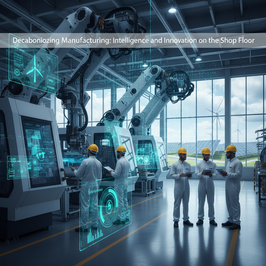 Manufacturing plant with robots, workers, and digital overlays of green energy data and wind turbines.