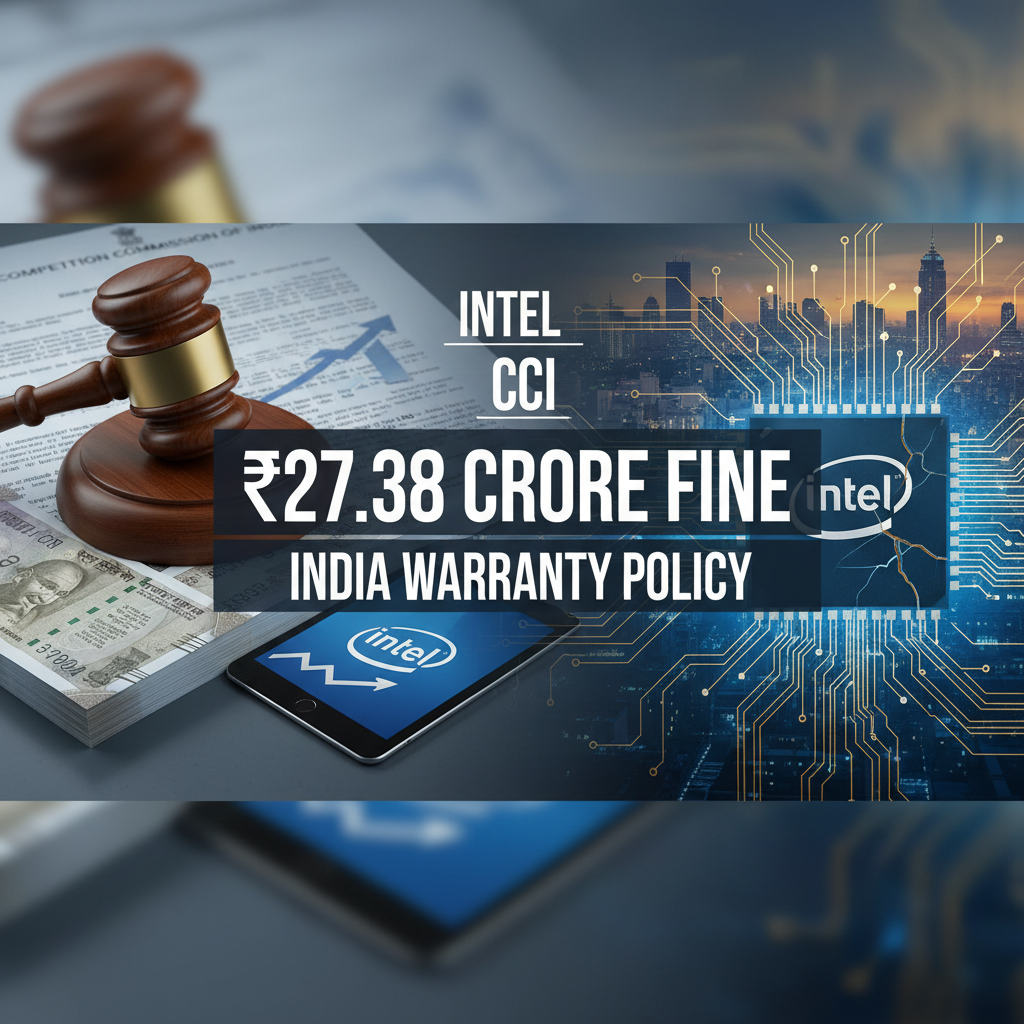 A gavel, Indian rupees, and a phone with an Intel logo, symbolizing legal action and financial penalties.
