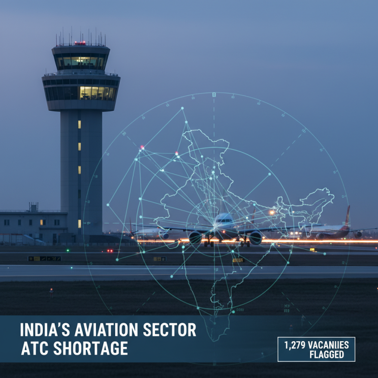 An airport control tower at dusk, with airplanes on the runway and a digital overlay of India's map, symbolizing air traffic control.