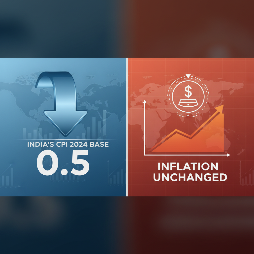 A split image showing "India's CPI 2024 Base 0.5" with a downward arrow and "Inflation Unchanged" with an upward trend.
