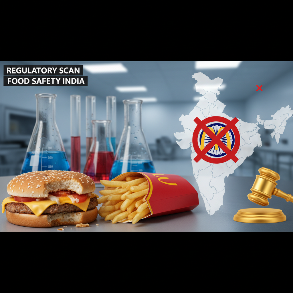 A professional image depicting McDonald's food, scientific lab equipment, a map of India with a cross, and a judge's gavel.