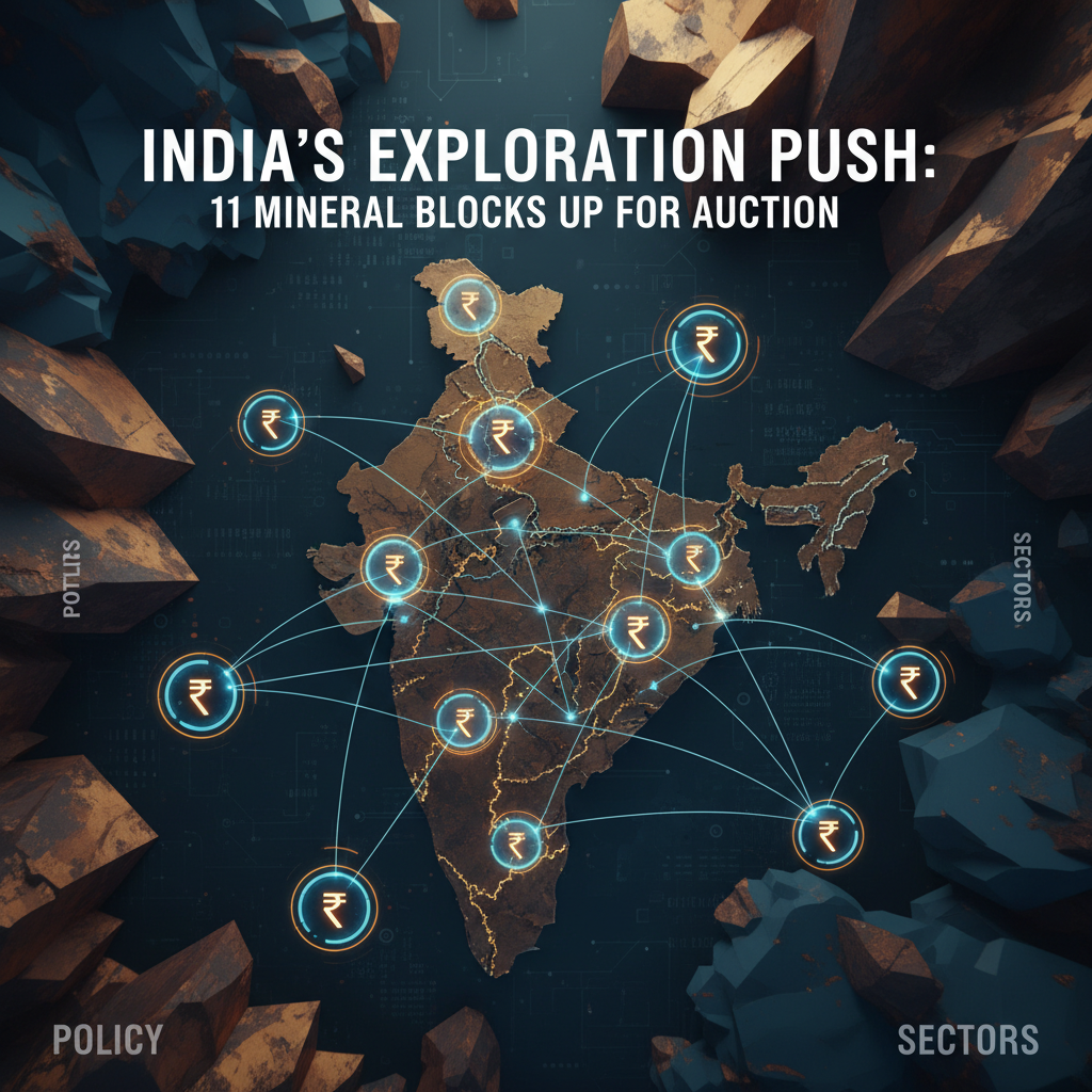 An illustrated map of India with rupee symbols marking 11 mineral blocks connected by lines, surrounded by ore.