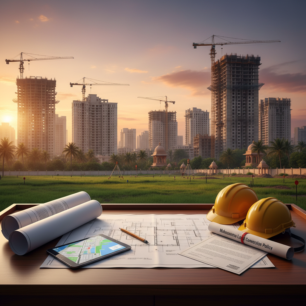 Construction site at sunset with blueprints, hard hats, and a document labeled "Maharashtra Land Conversion Policy."