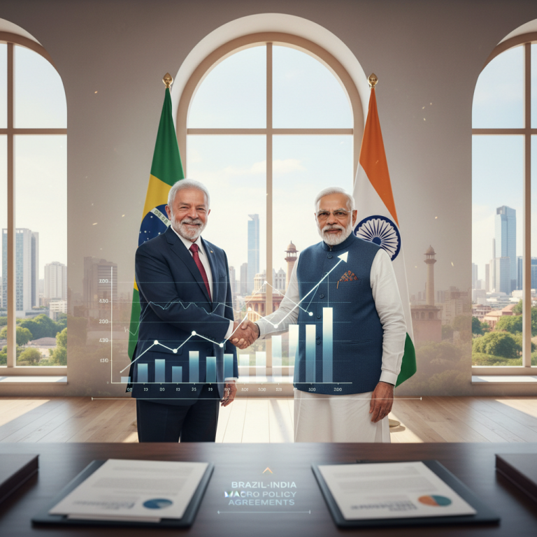 Brazilian President Lula da Silva and Indian Prime Minister Narendra Modi shaking hands with their national flags behind them.