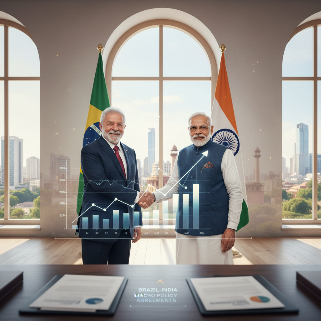 Brazilian President Lula da Silva and Indian Prime Minister Narendra Modi shaking hands with their national flags behind them.