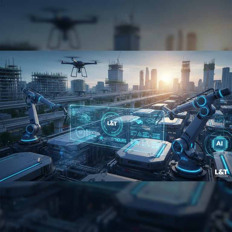 AI-powered construction site with drones, robotic arms, and holographic displays overseeing city development.