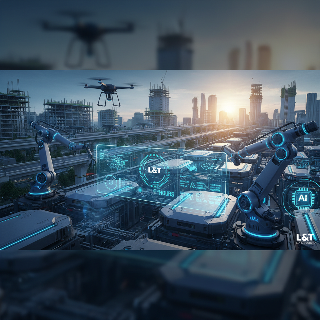 AI-powered construction site with drones, robotic arms, and holographic displays overseeing city development.