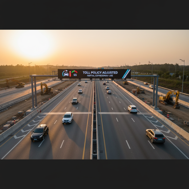 An aerial view of a modern expressway with cars and a digital overhead sign displaying "TOLL POLICY ADJUSTED".