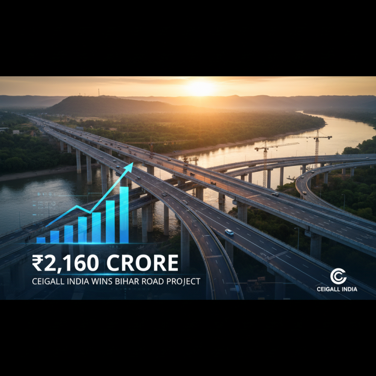An aerial view of a modern highway interchange at sunset with an overlay showing "₹2,160 CRORE" and an upward trend graph.