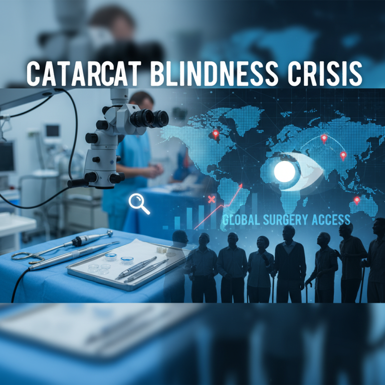 Medical instruments for eye surgery are displayed with a global map overlay showing low access points and patient silhouettes.