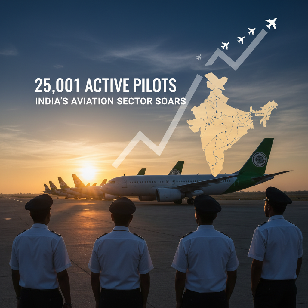 Four pilots stand on an airfield at sunset, looking at parked airplanes and a graphic of India's aviation growth.