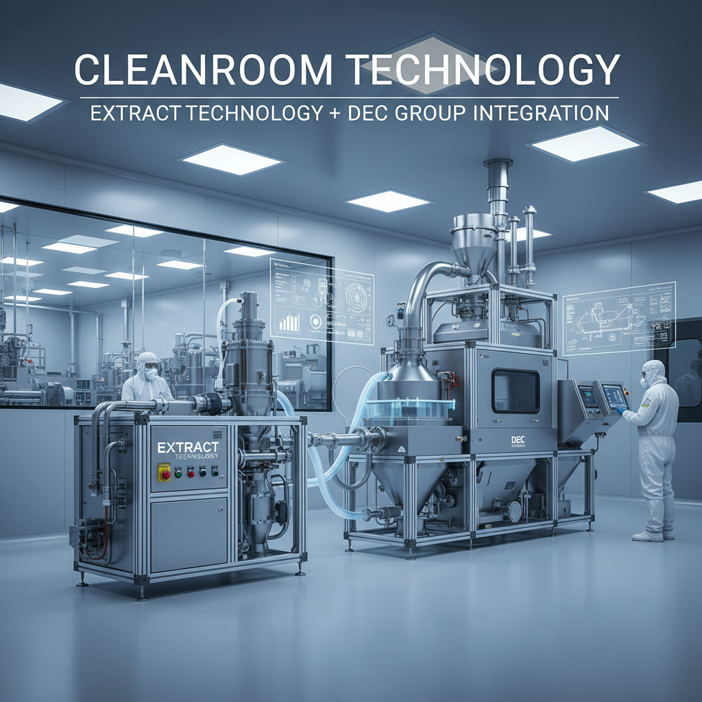Cleanroom with two large pieces of pharma manufacturing equipment, technicians in hazmat suits, and overlay text.