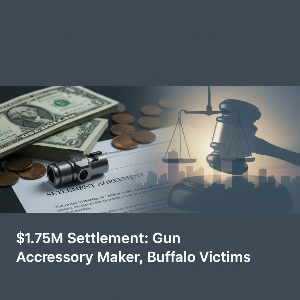 A professional image showing a settlement agreement, money, legal scales, a gavel, and a gun accessory.