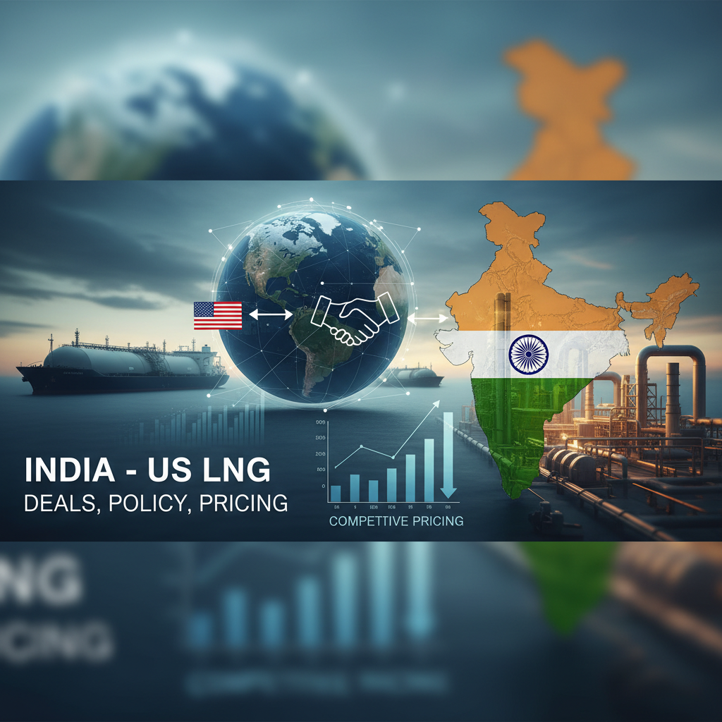 A professional graphic depicting the India-US LNG trade relationship with maps, pipelines, and a handshake over a globe.