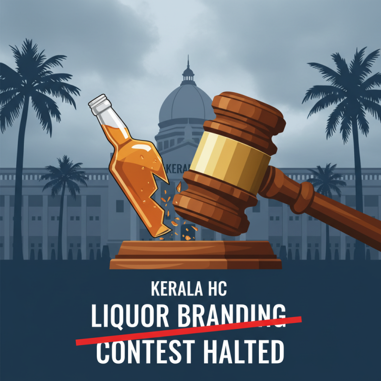 A gavel shattering a liquor bottle in front of a court building, symbolizing a legal halt to a branding contest.