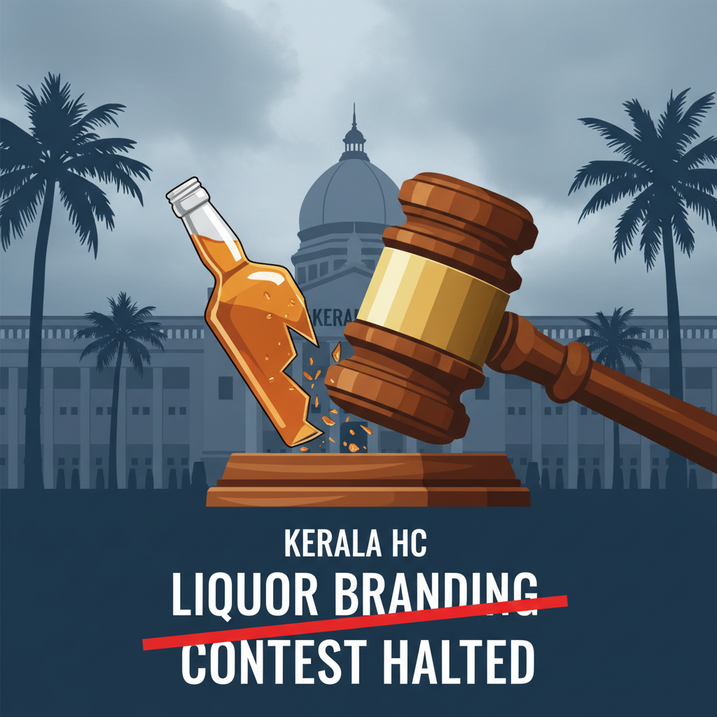 A gavel shattering a liquor bottle in front of a court building, symbolizing a legal halt to a branding contest.