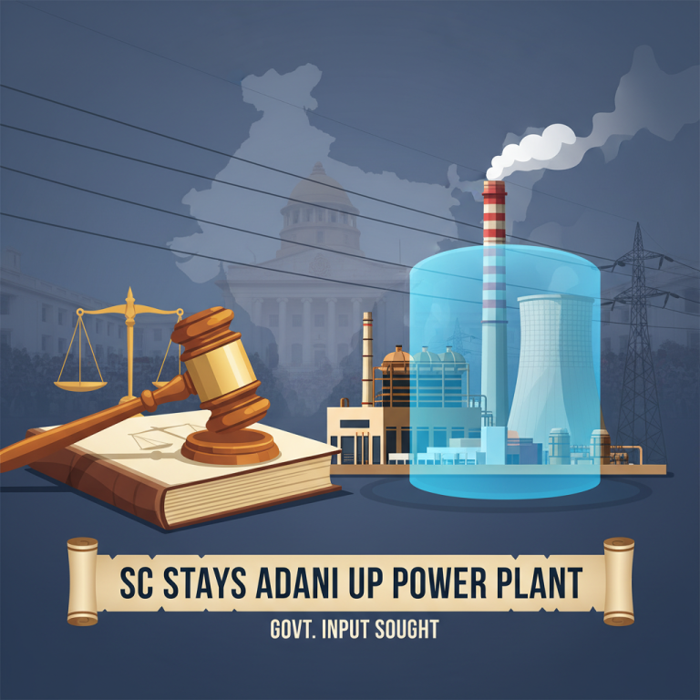 A gavel on a law book, a power plant, and India's Parliament building, illustrating legal intervention in industrial policy.
