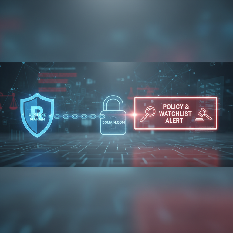 A digital representation of cybersecurity elements: a shield for "Resume Maker," a lock for "Domain.com," and an alert box.