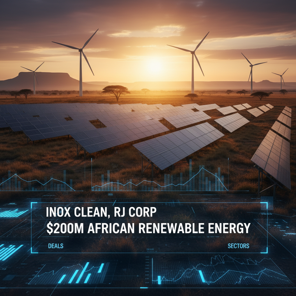 Solar panels and wind turbines at sunset in an African landscape with a digital overlay showing financial data and the article title.