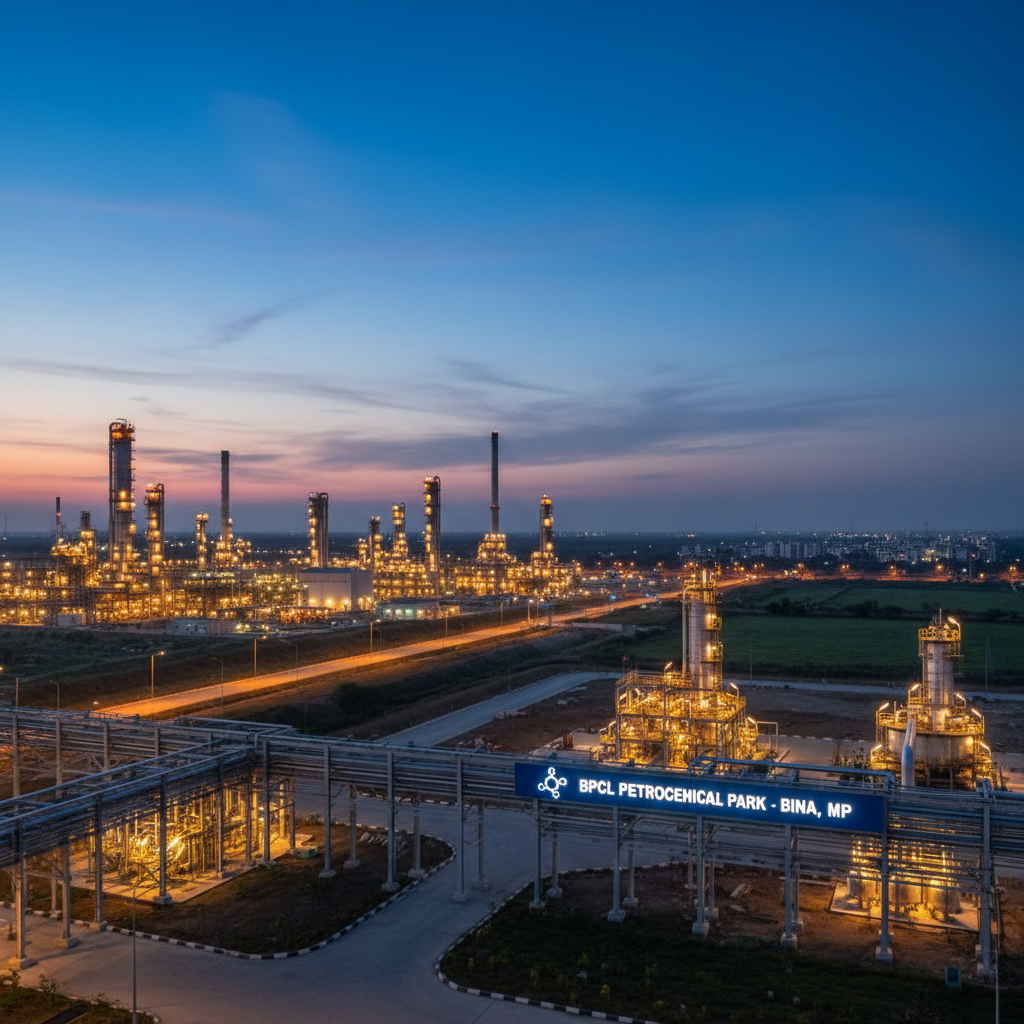 An illuminated petrochemical refinery complex at dusk with the sky transitioning from blue to orange.