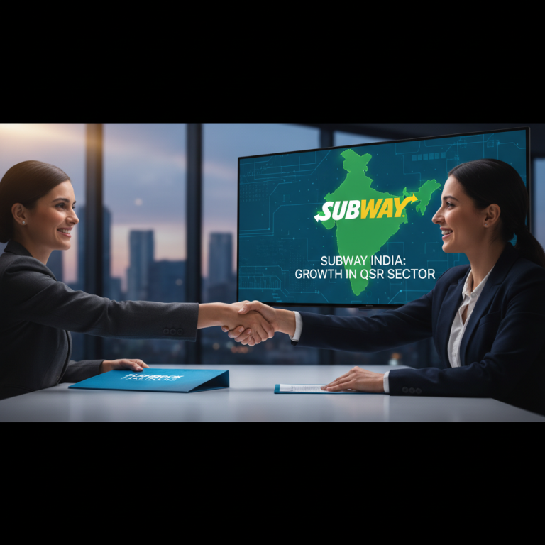 Two businesswomen shaking hands in a modern office, with a screen displaying "Subway India: Growth in QSR Sector".